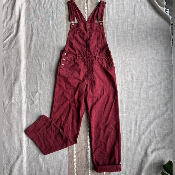 We the Free Ziggy Denim Overalls Size Small Maroon Banner Retro Slouchy - Picture 4 of 11